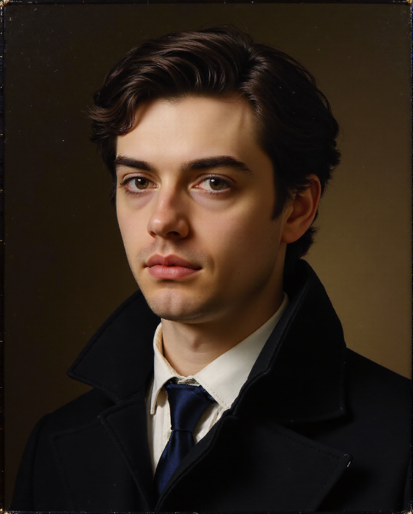 AI-generated portrait of designer Liam Cant styled as a Johannes Vermeer painting