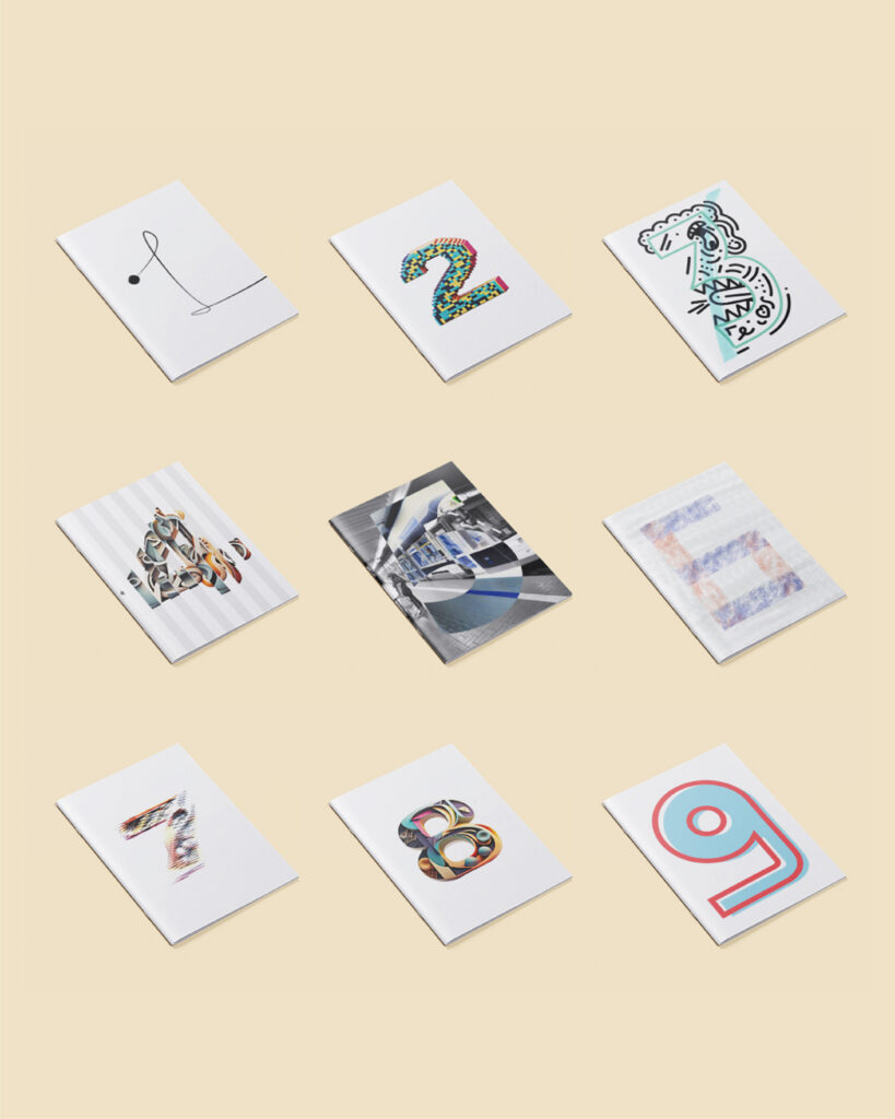 Collection of nine booklets from “9 Quotes, 9 Styles,” each numbered 1 to 9 with unique visual styles