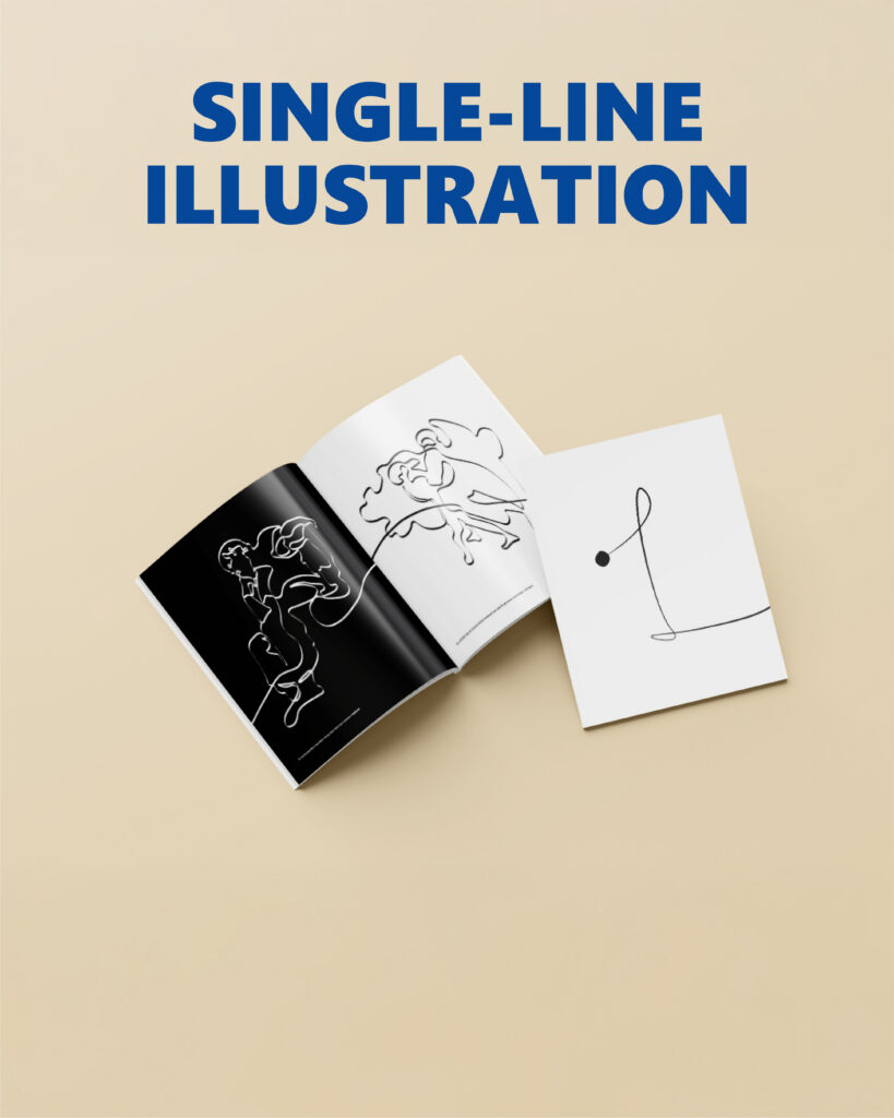 Spread of the first booklet from “9 Quotes, 9 Styles” featuring Single Line Illustration style
