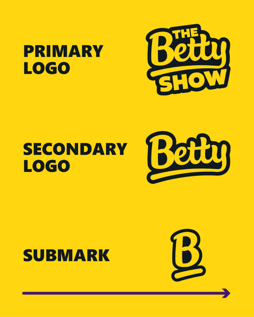 Primary, secondary, and submark logos for TheBettyShow rebranding case