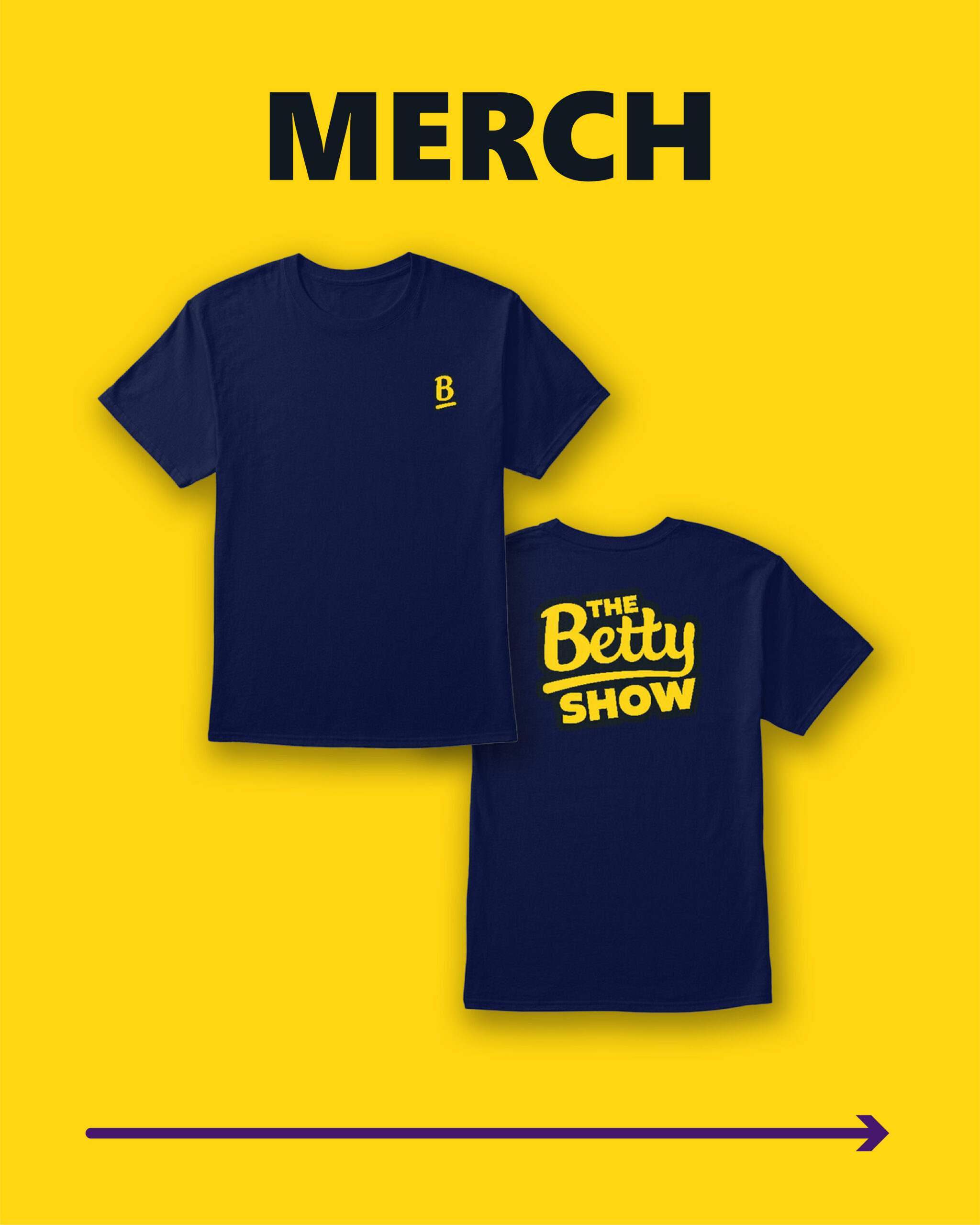 Navy t-shirt with TheBettyShow submark logo on front and full logo on back