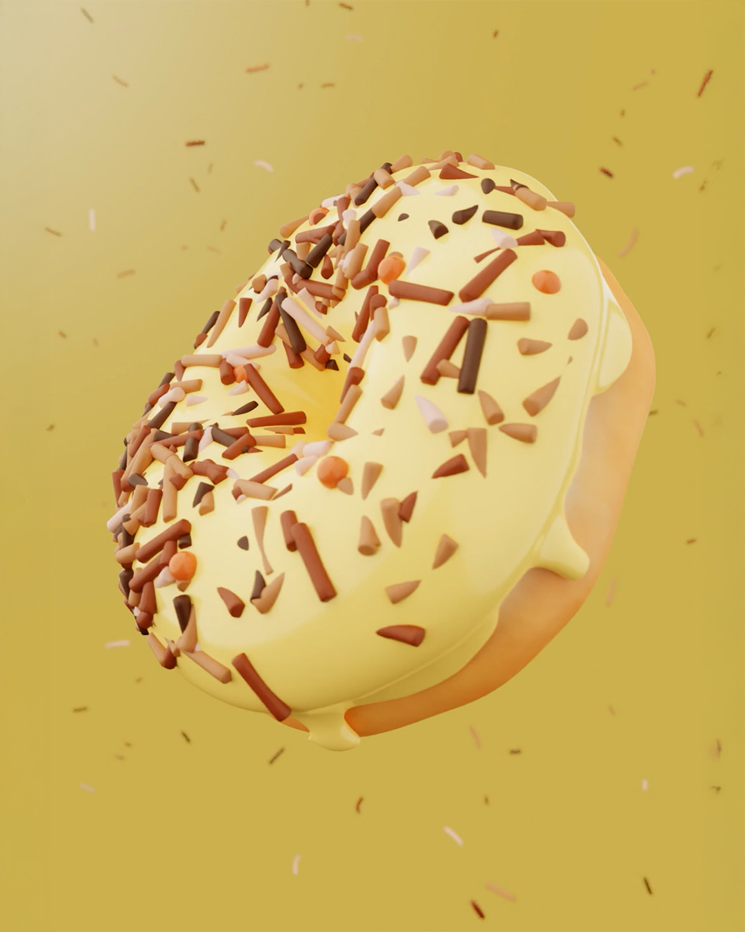 3D yellow donut with sprinkles, captured in a single frame as portfolio thumbnail for full rotating promotional video
