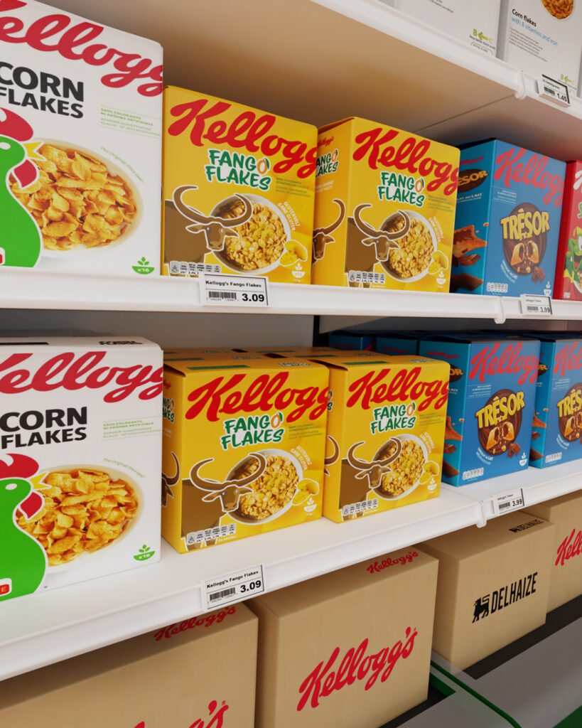 Fango Flakes cornflakes box displayed on a store shelf alongside other cereal products