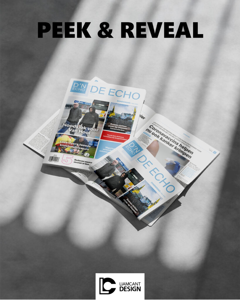 Highlight image of De Echo newspaper design showing “Peak” and “Reveal” headlines