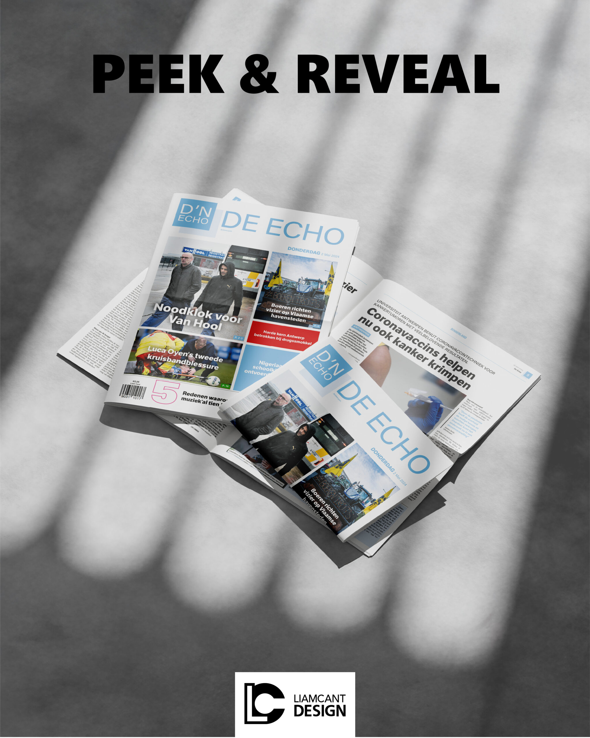 Highlight image of De Echo newspaper design showing “Peak” and “Reveal” headlines