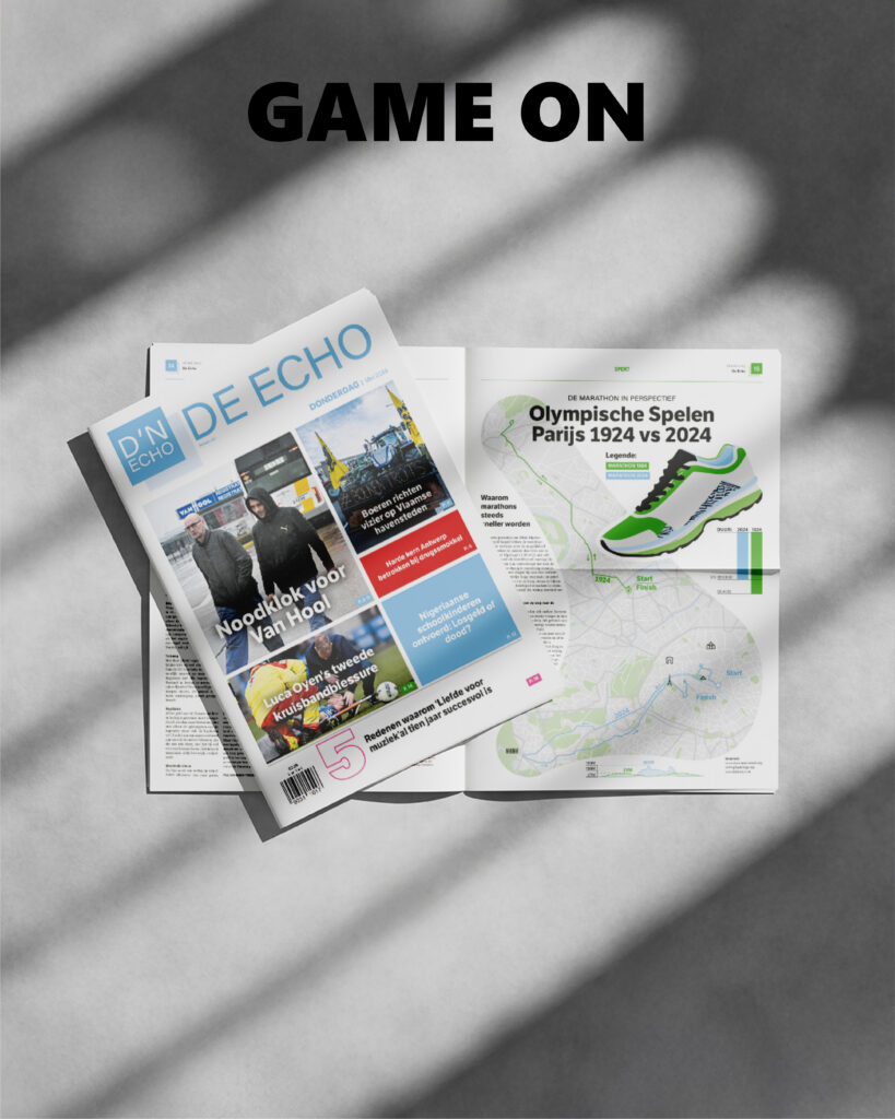 De Echo newspaper with cover on the left and Olympic Games infographic on the right, headline “Game On”