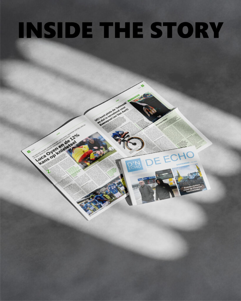 De Echo newspaper open to a sports spread, with folded copy on top showing half of the cover, headline “Inside the Story”