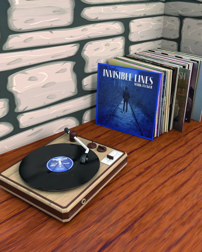 Invisible Lines vinyl on a turntable with album cover and other vinyl covers in the background
