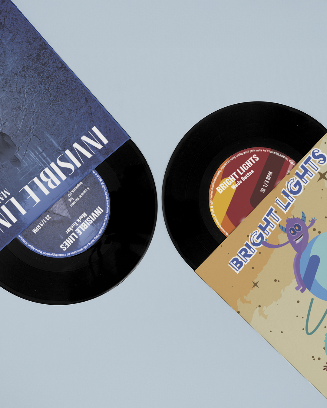 Side-by-side view of two Invisible Lines vinyl covers, original photographic and illustrated Bright Lights edition by Wade Bottas