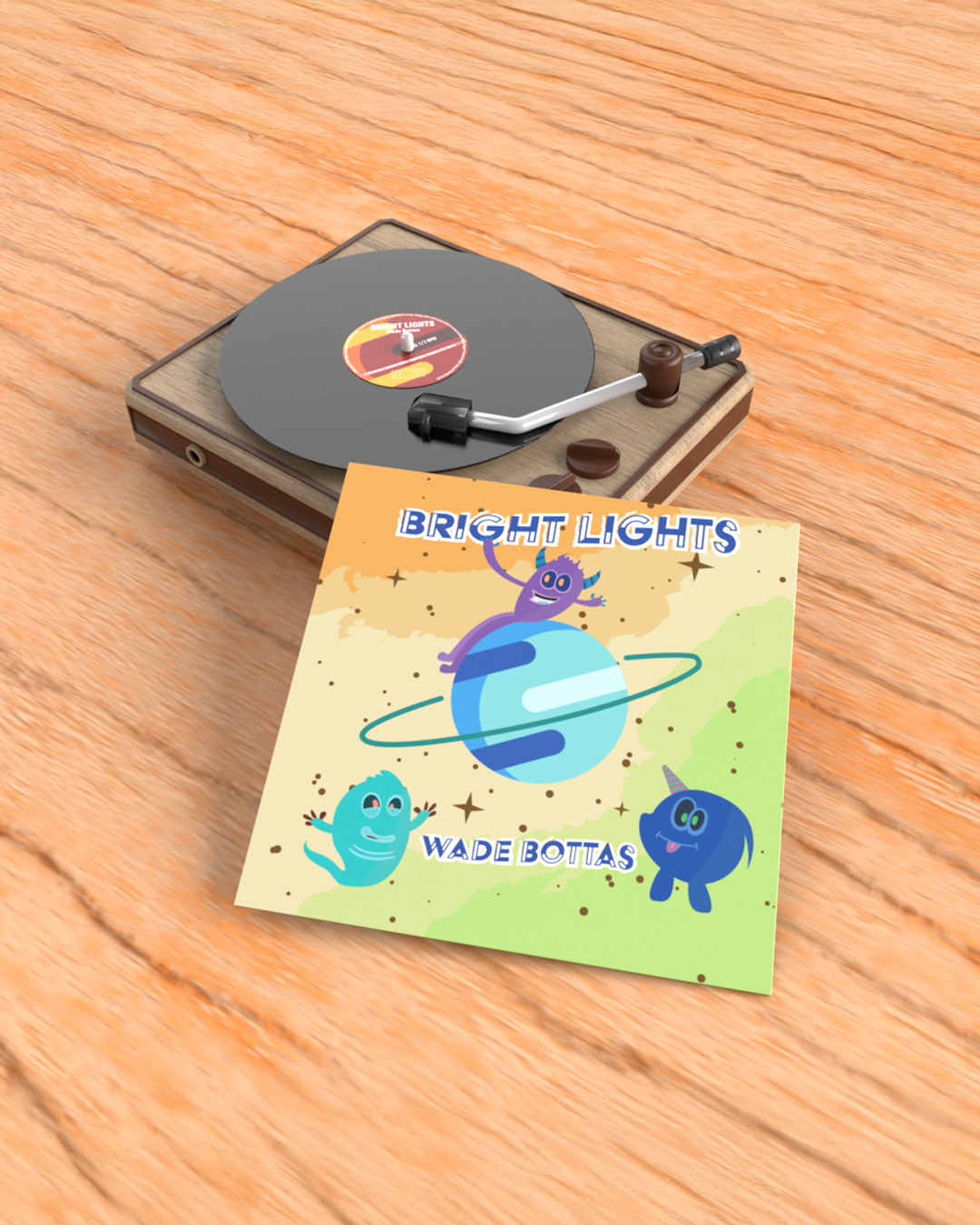 Bright Lights vinyl record with its illustrated cover displayed in front