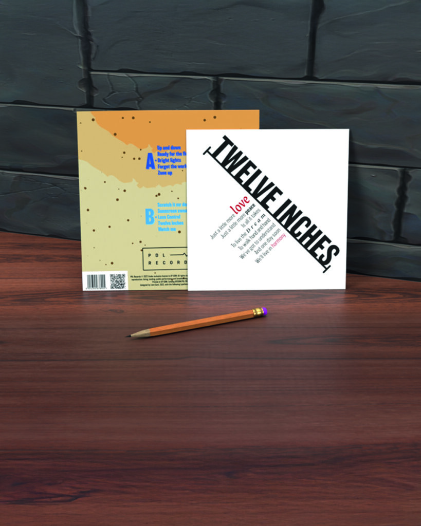 Back of Bright Lights vinyl cover with typographic insert displayed in front