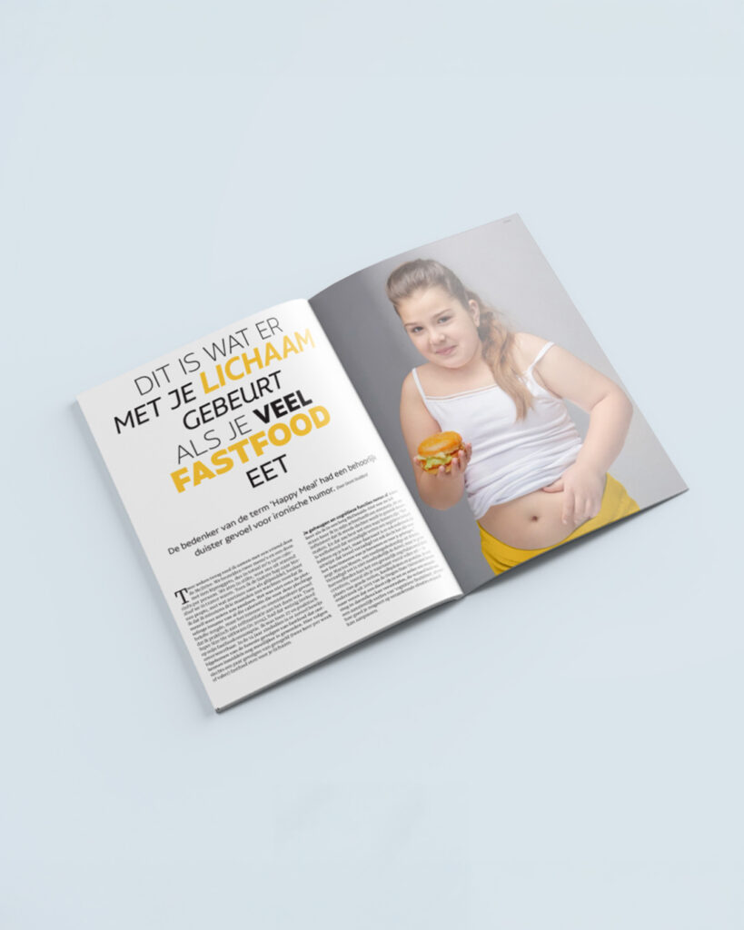 First two pages of an article spread from high school final project magazine with typographic text on left and photo of girl eating hamburger on right