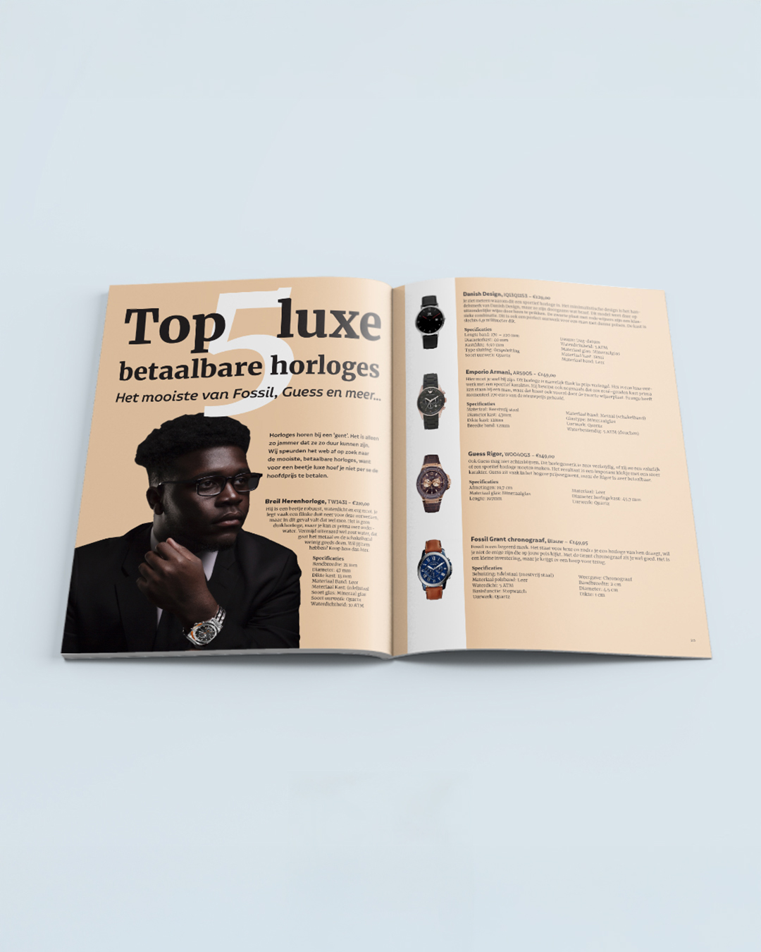 Article spread from high school final project magazine featuring five luxury watches with central title and cover image of a man