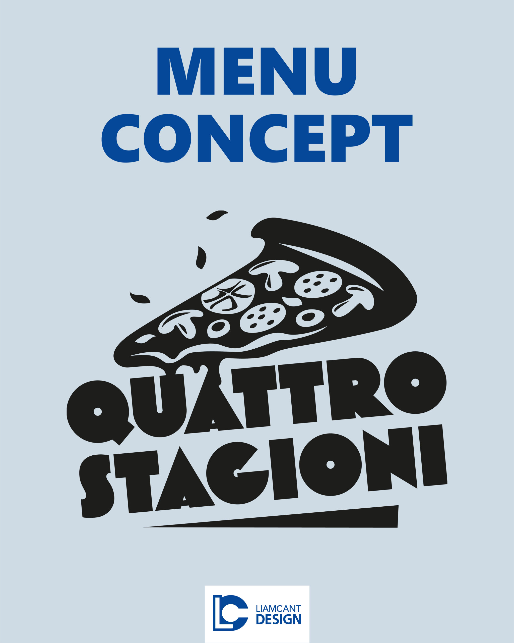 Quattro Stagioni logo with illustrated pizza and “Menu Concept” text for pizzeria menu design project