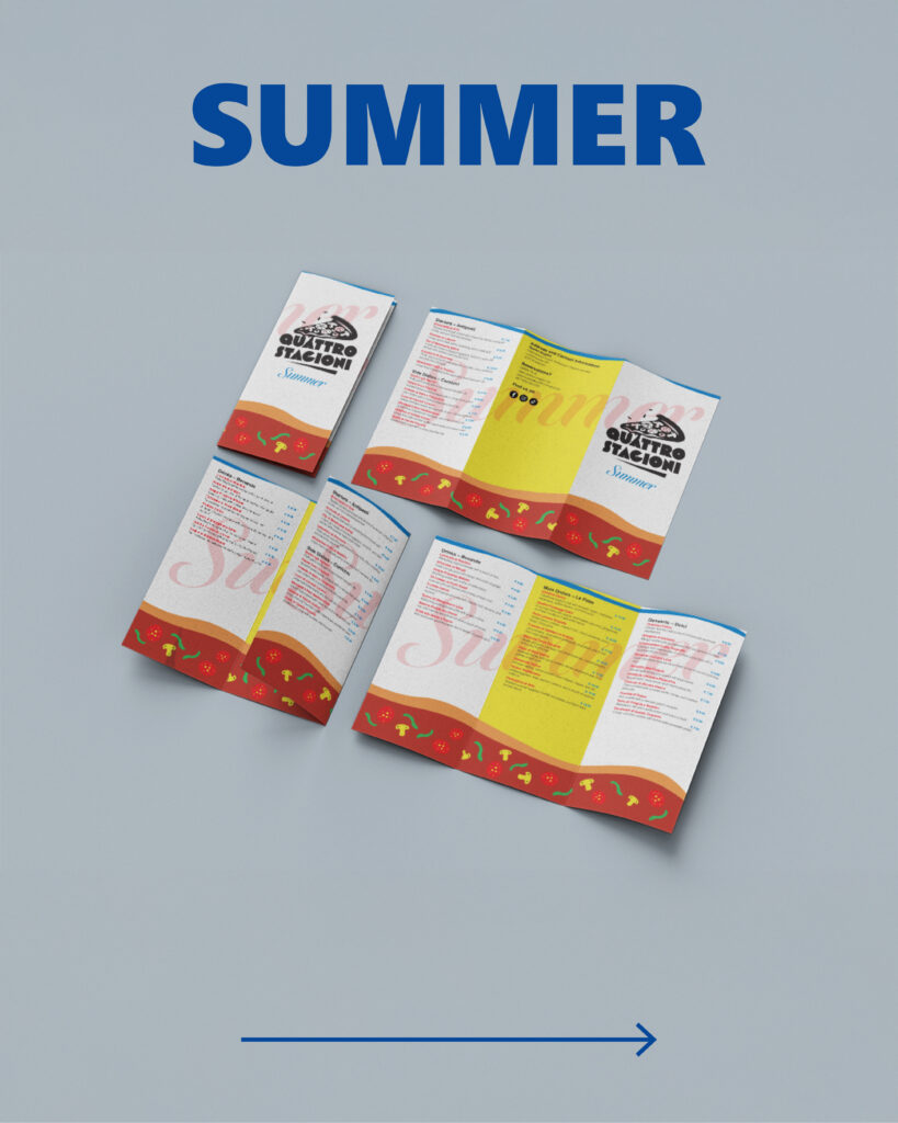 Summer menu of Quattro Stagioni in euros, shown as closed, fully opened, and half-folded folder
