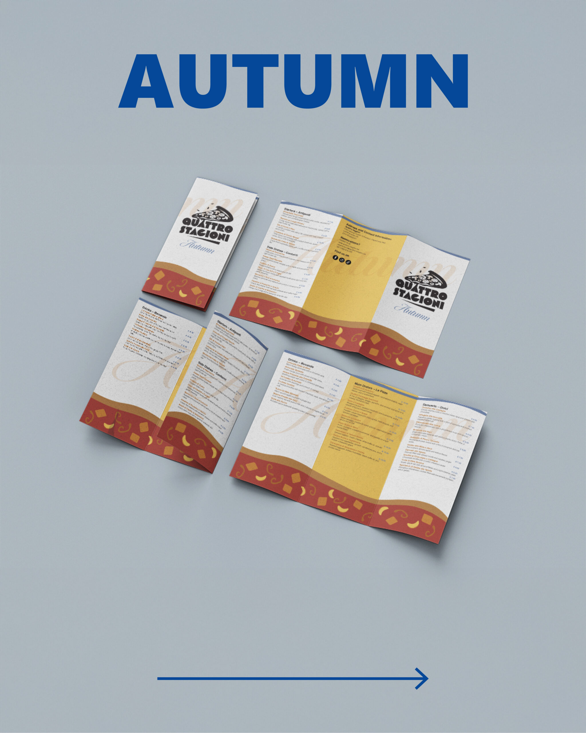 Autumn menu of Quattro Stagioni in euros, shown as closed, fully opened, and half-folded folder with autumn-themed design elements