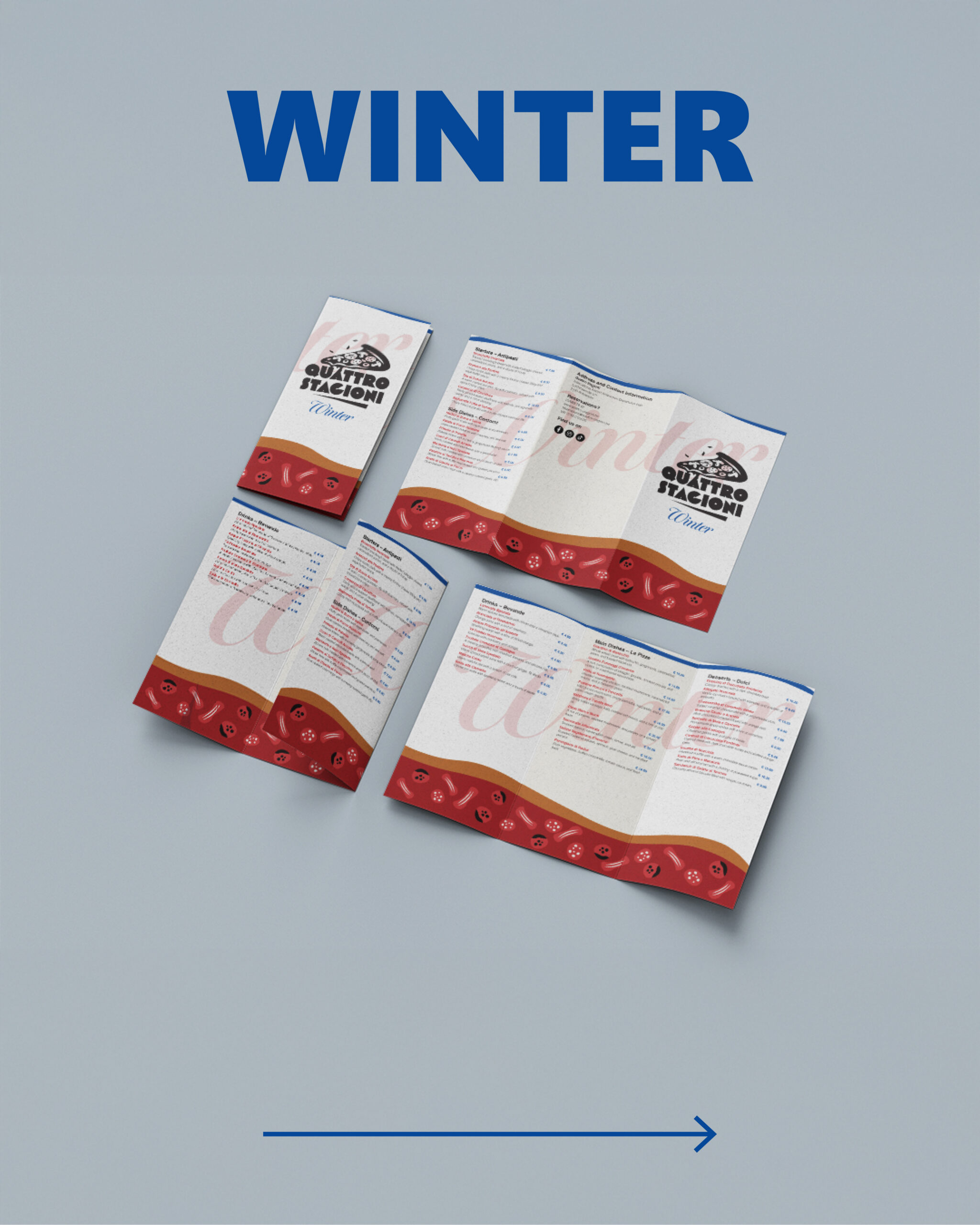 Winter menu of Quattro Stagioni in euros, shown as closed, fully opened, and half-folded folder with winter-themed design elements