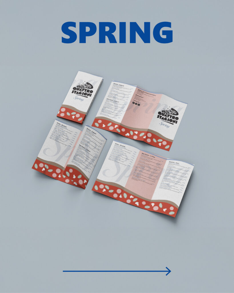 Spring menu of Quattro Stagioni in euros, shown as closed, fully opened, and half-folded folder with spring-themed design elements