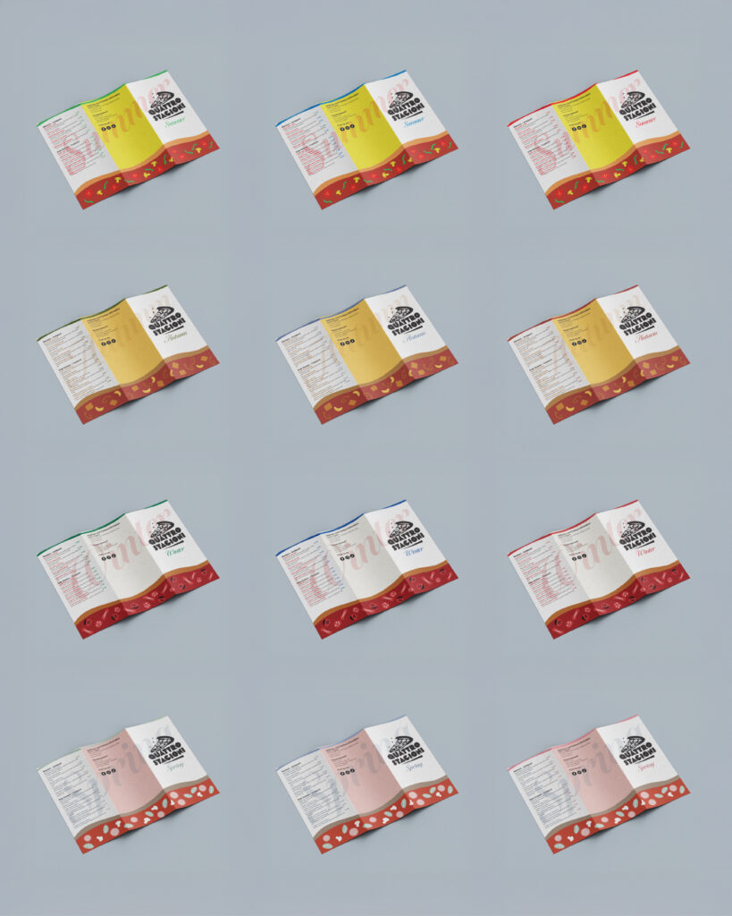 Grid overview of all 12 Quattro Stagioni menus, arranged by season (rows: summer, autumn, winter, spring) and currency (columns: dollar, euro, pound)