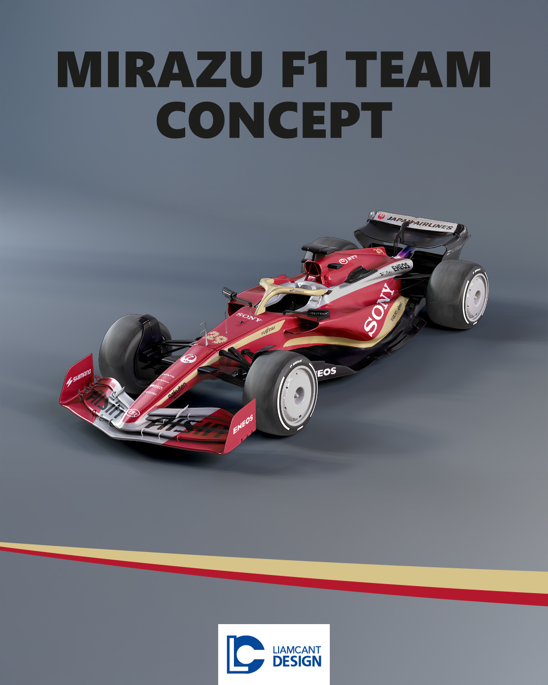 Formula 1 car featuring the Mirazu F1 Team livery concept, shown as the main visual for the project