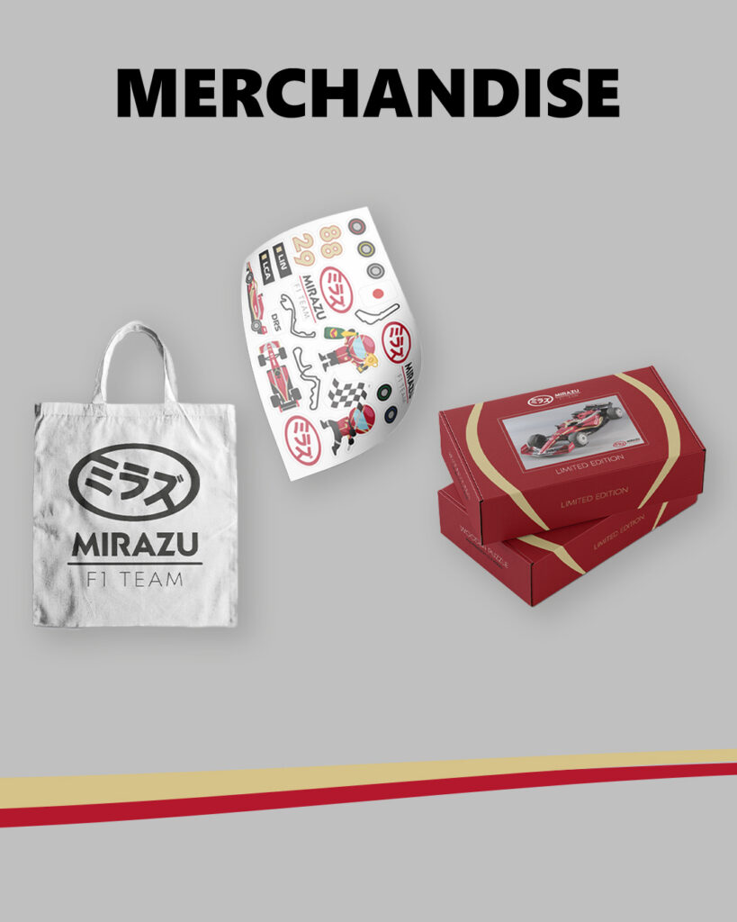 Overview of Mirazu F1 Team merchandise, including branded items such as apparel and a tote bag, presented as part of the team identity concept