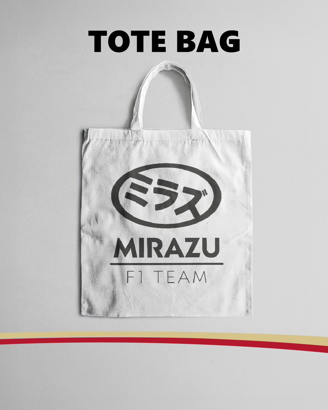 White tote bag featuring the Mirazu F1 Team logo in black as a merchandise design example