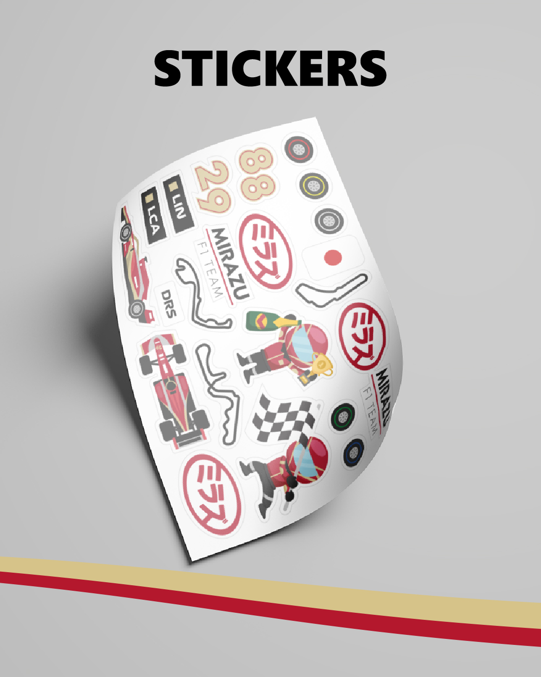 Vector-based sticker sheet for the Mirazu F1 Team featuring Formula 1-related elements and team branding