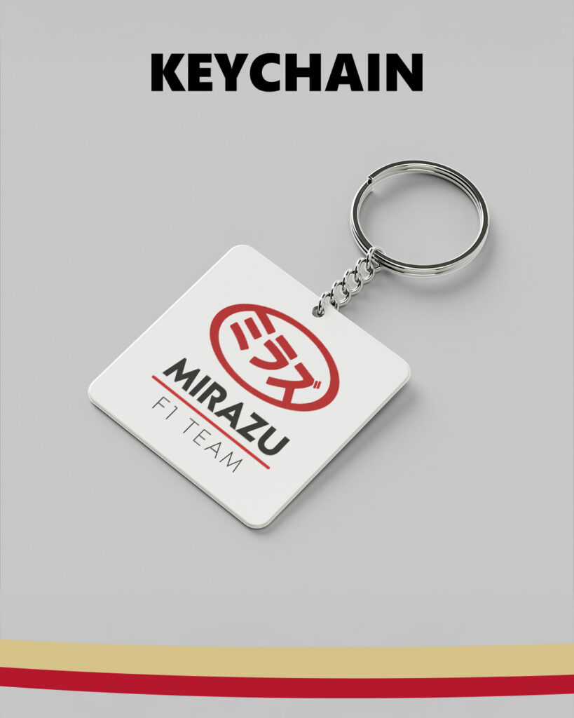 Keychain design for the Mirazu F1 Team featuring team branding, displayed as part of the merchandise collection