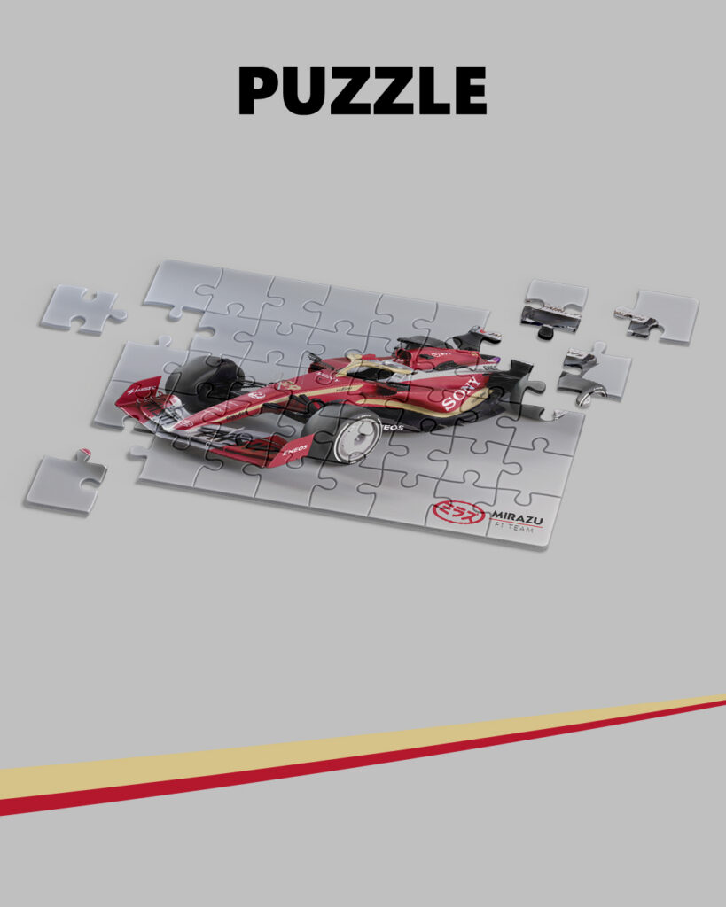 Partially assembled Mirazu F1 Team puzzle depicting a Formula 1 car, with loose pieces around and labeled “PUZZLE”