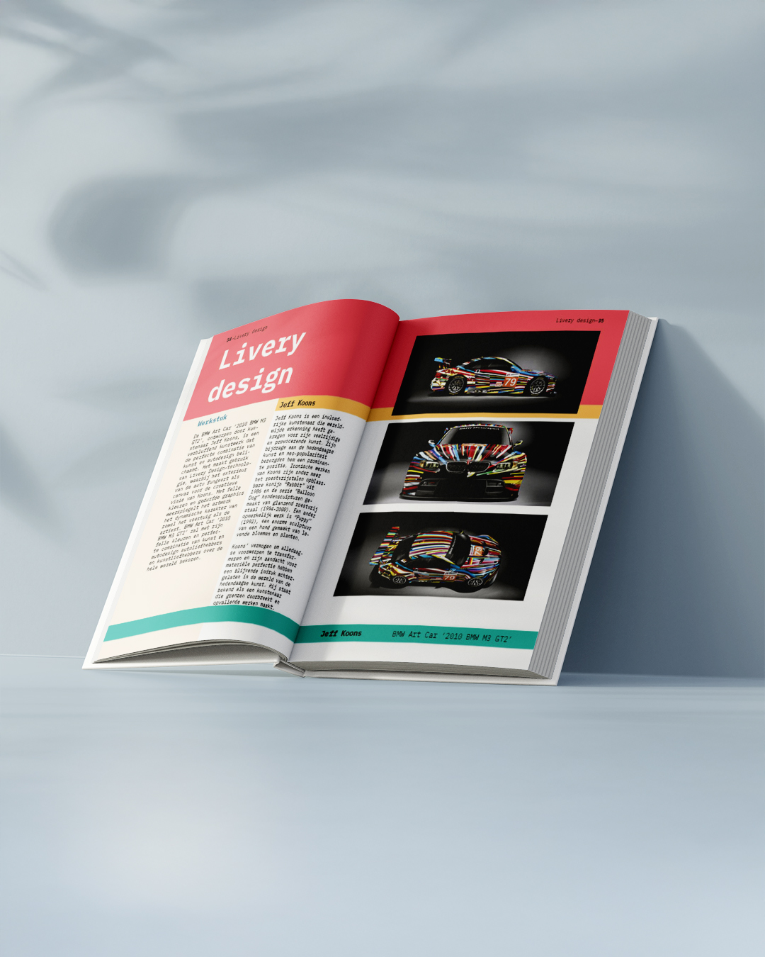 Graphic paper spread on livery design with six-color theme, featuring BMW Art Car on the right page