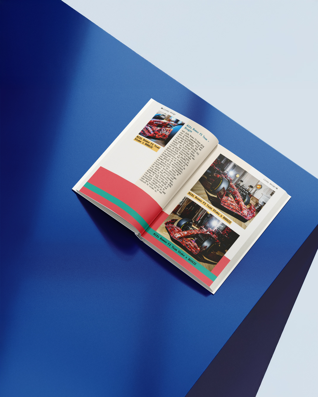 Graphic paper spread of Alfa Romeo F1 car design in collaboration with artist Boogie on a blue background