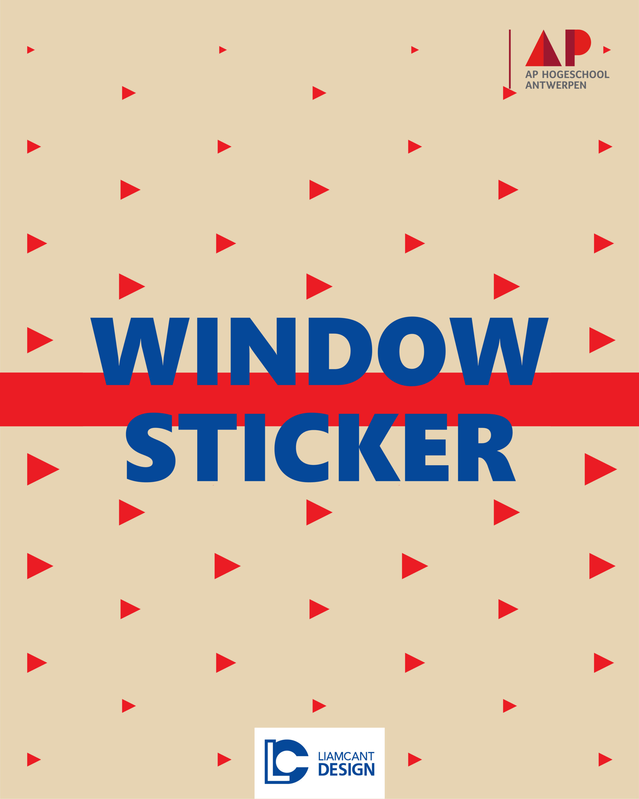 Window sticker concept for AP University College showing a graphic pattern, continuous line design, title text, and the AP logo, without the sticker applied to a window