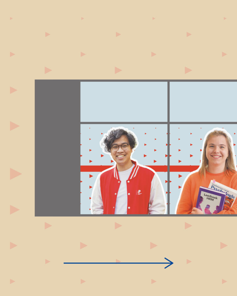 Left section of the AP University College window sticker on Campus Viaduct, showing two windows with students, a continuous red line, and a halftone pattern based on the AP logo triangle