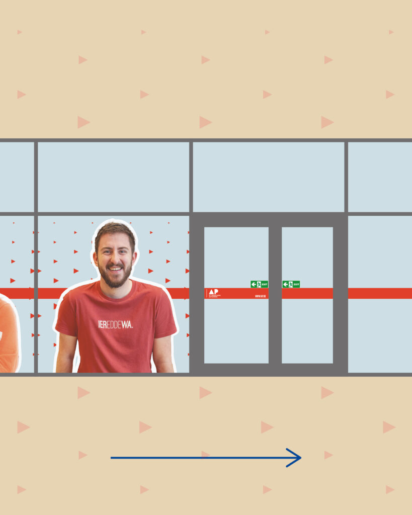 Middle section of the AP University College window sticker showing a student, a continuous red line across windows and emergency doors, and a halftone background behind the student
