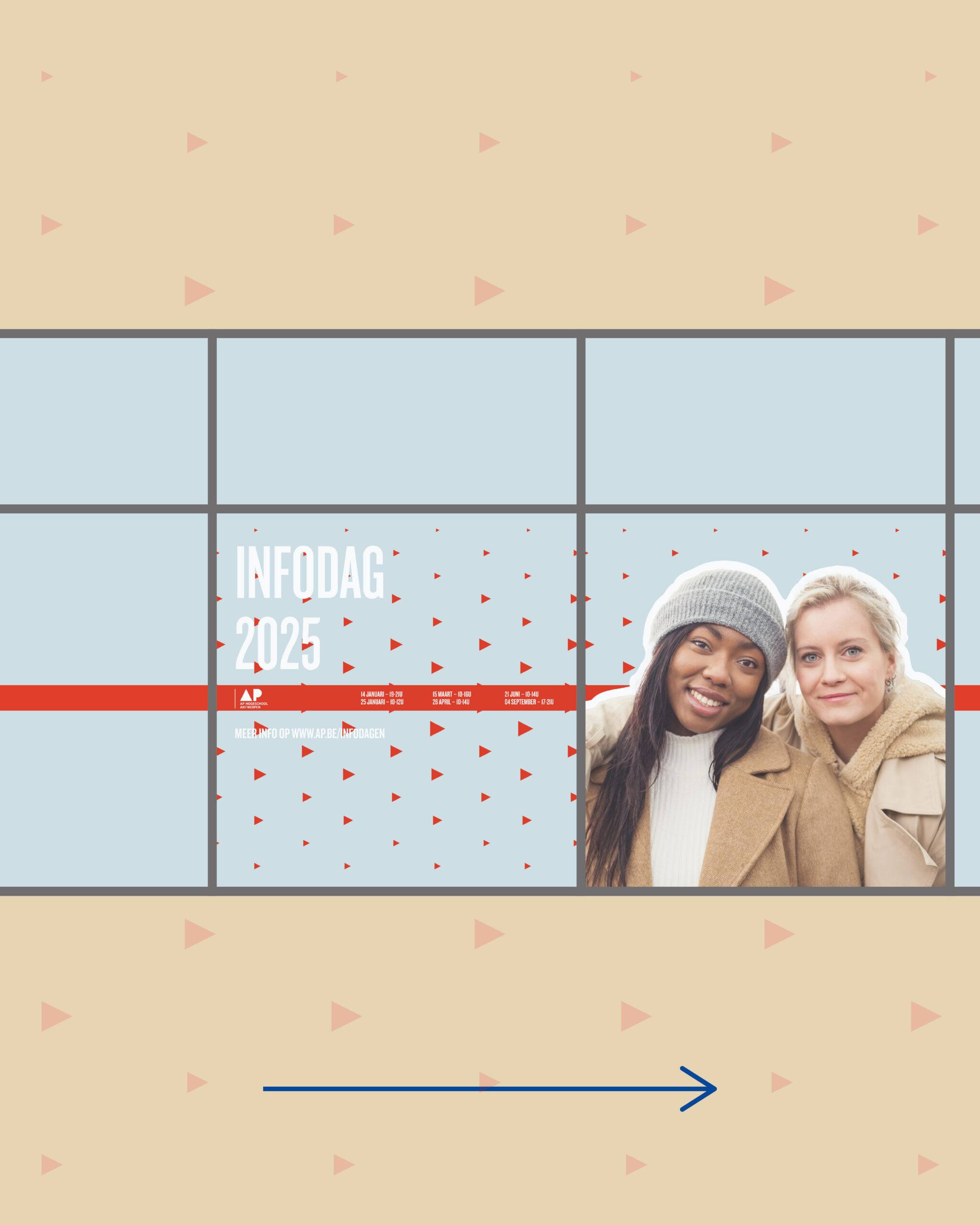 AP University College window sticker section with Info Day 2025 details on one window and two female students on the adjacent window, featuring a continuous red line and halftone background pattern