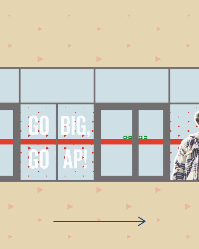 AP University College window sticker showing the slogan “GO BIG, GO AP!” with a halftone background, a continuous red line, and the start of a window featuring a student sticker