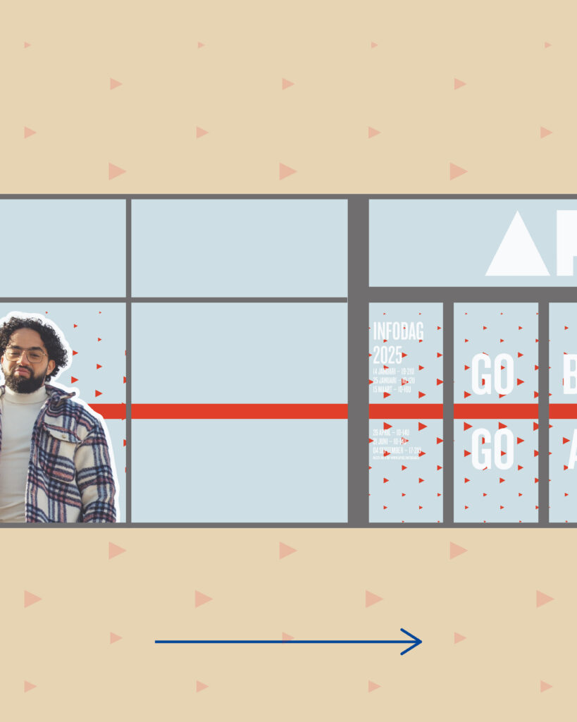 Entrance area of the AP University College window sticker with a student, Info Day details, partial “GO BIG, GO AP!” slogan, AP logo above sliding doors, continuous red line, and halftone pattern in selected areas
