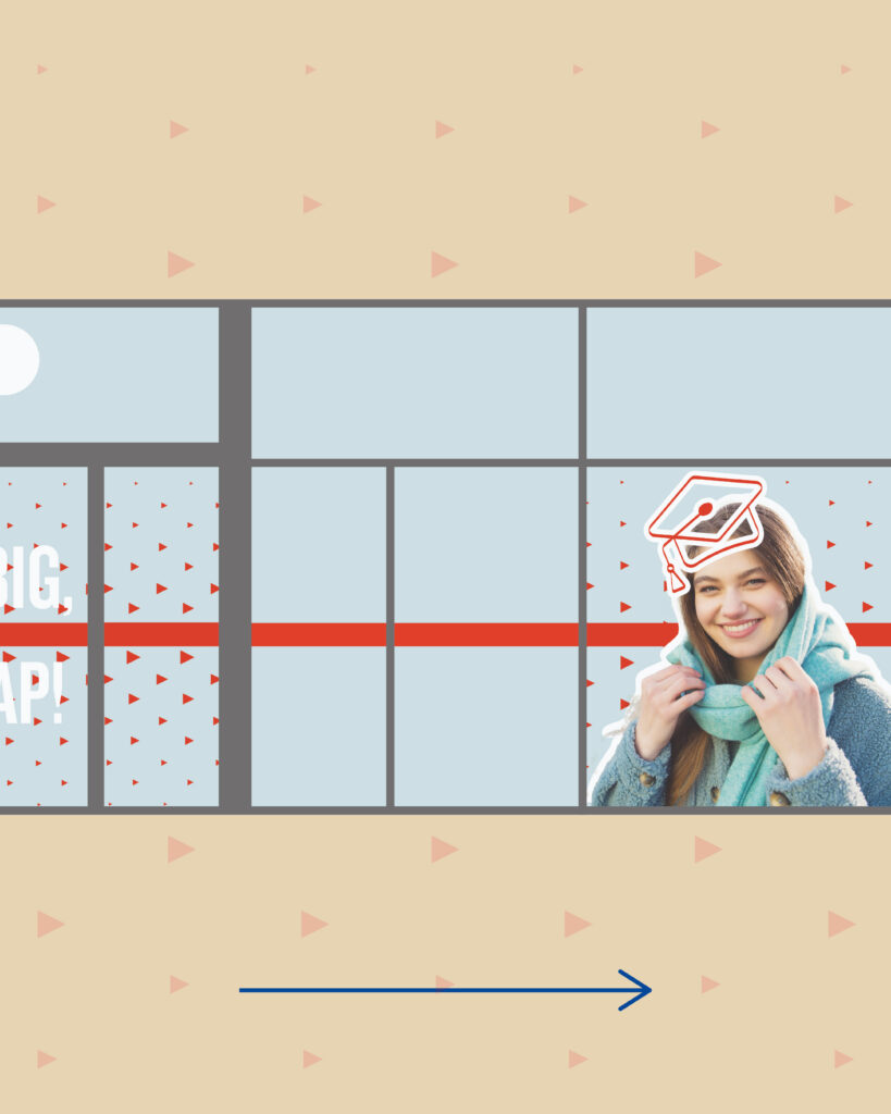 Right side of the AP University College entrance with the “BIG, AP!” part of the slogan on the sliding door, a halftone-patterned window, and a graduate student wearing a graduation cap in front of a halftone background