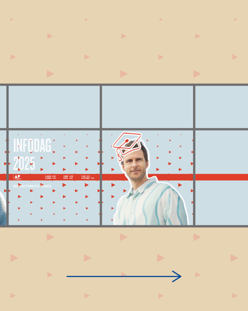 Window of AP University College showing Info Day 2025 details with a continuous red line and a male graduate student wearing a graduation cap in front of a halftone background