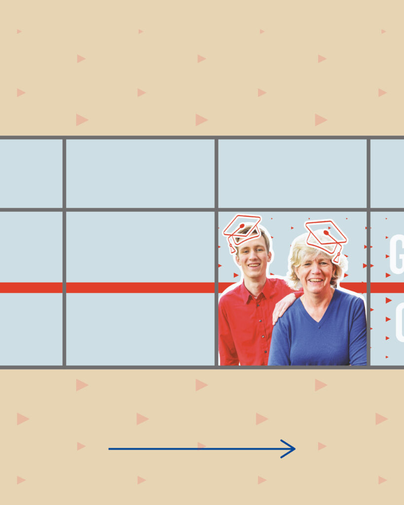 Window of AP University College showing two evening program graduates wearing graduation caps, with a continuous red line and halftone background pattern