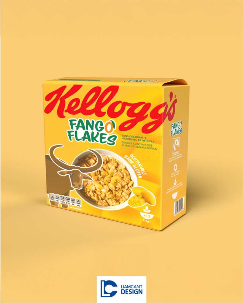 Cornflakes box design for Fango Flakes mango flavor sub-brand of Kellogg’s