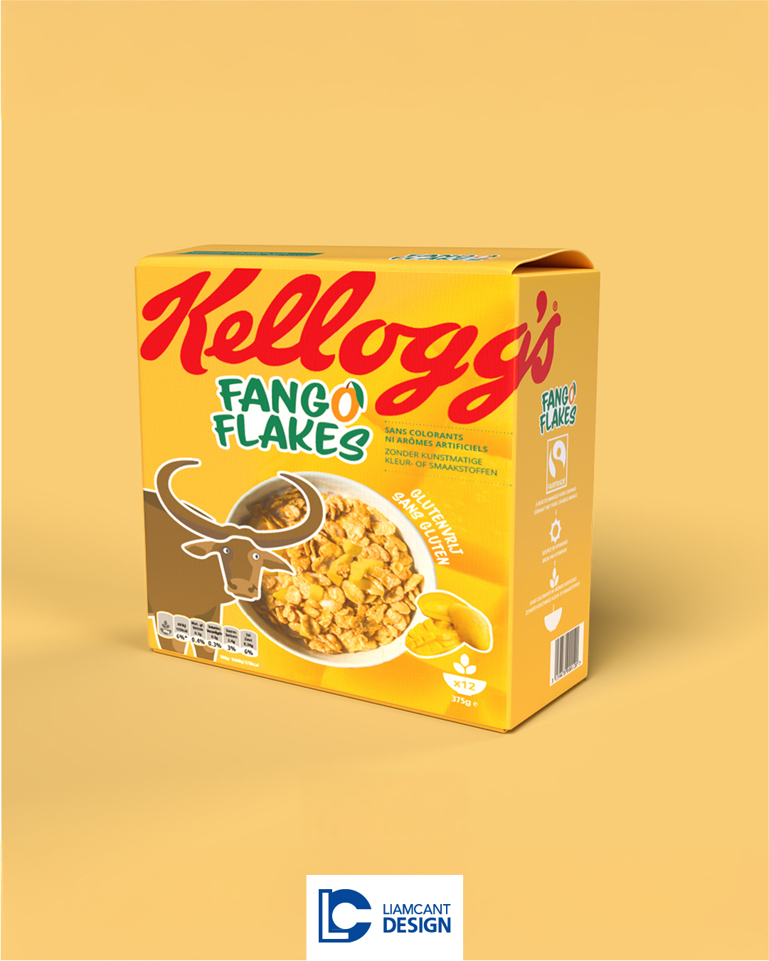 Cornflakes box design for Fango Flakes mango flavor sub-brand of Kellogg’s