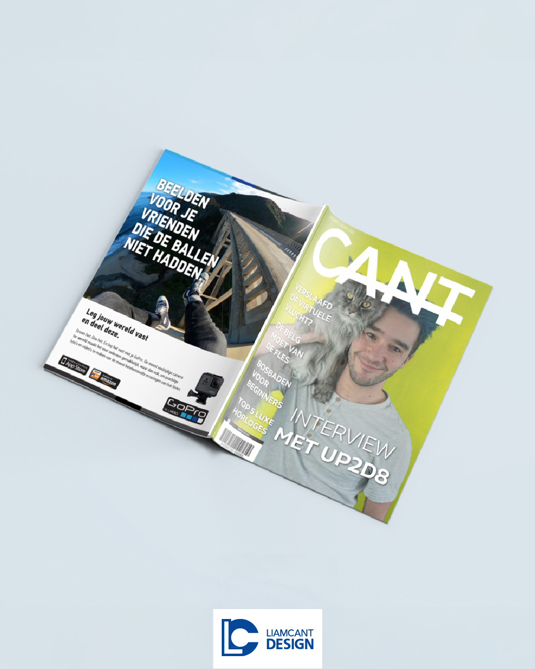 Open magazine mock-up showing back cover on left and front cover on right from high school final project