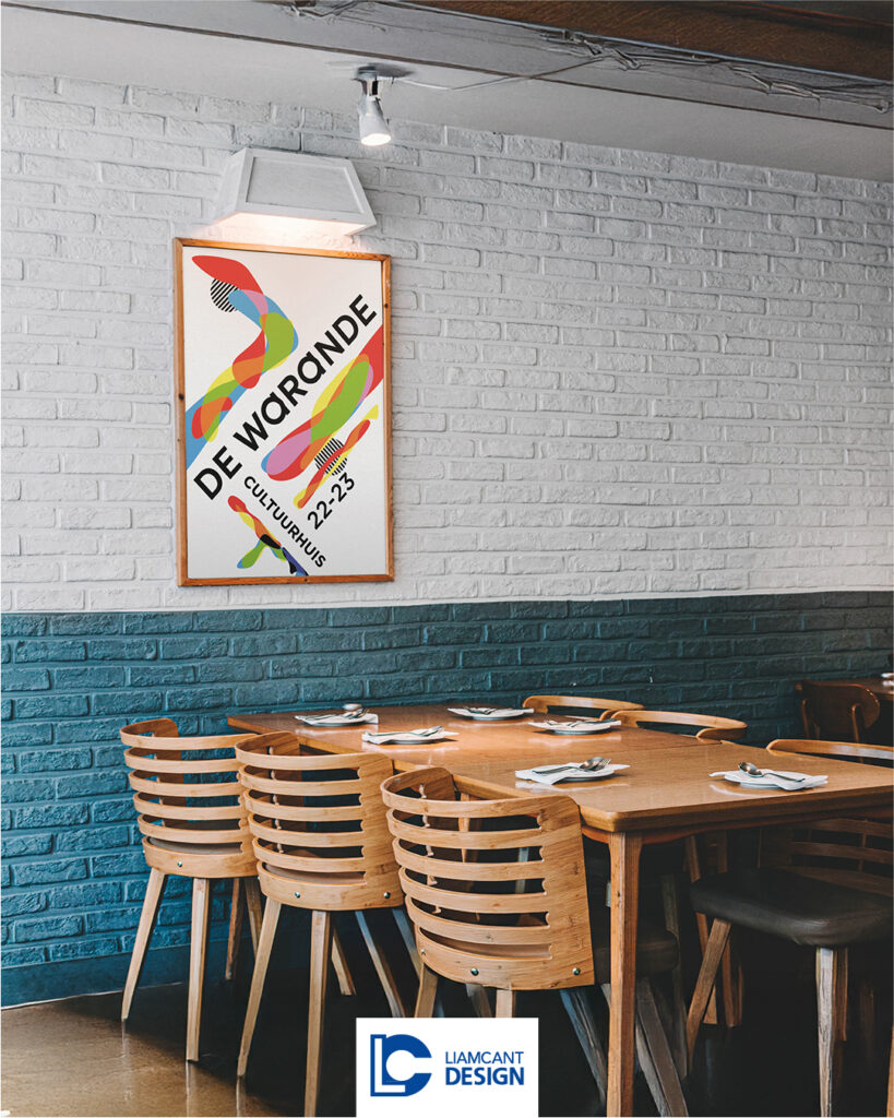 Poster for De Warande 2022-2023 season displayed on a restaurant wall