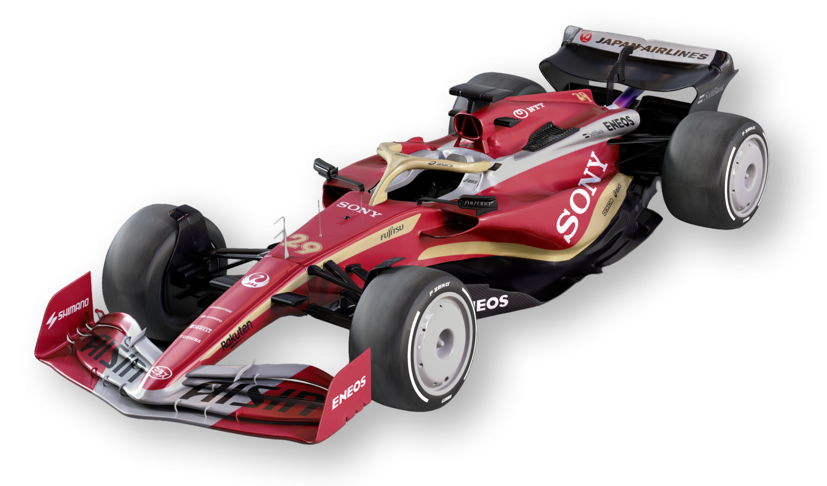 Red 2005 Mirazu F1 Team car with gold and silver accents, 3D render